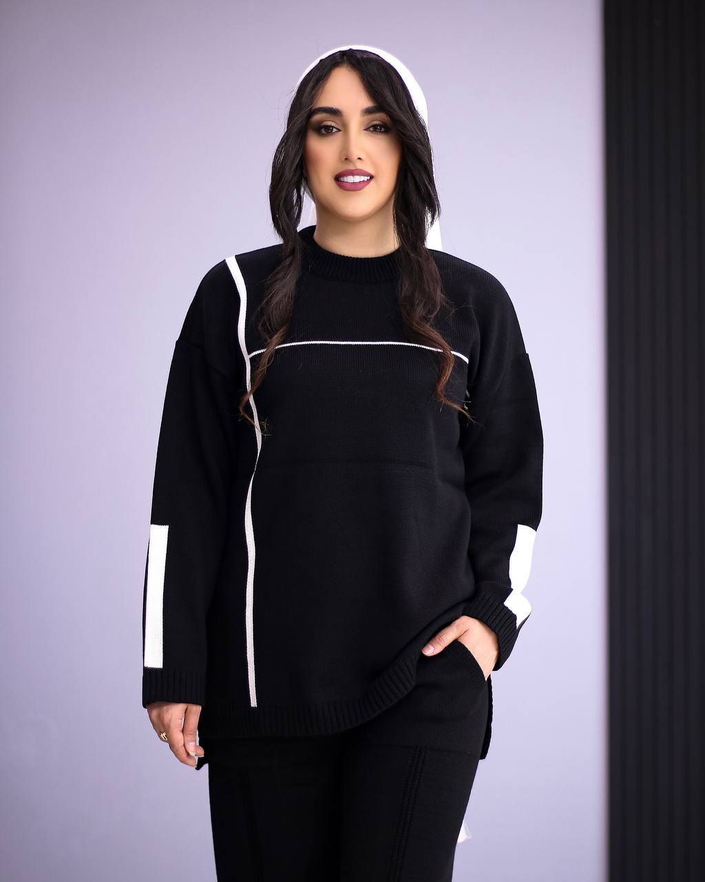 ست تونیک شلوار بافت تک‌رنگ مشکی کد ۵۷۰