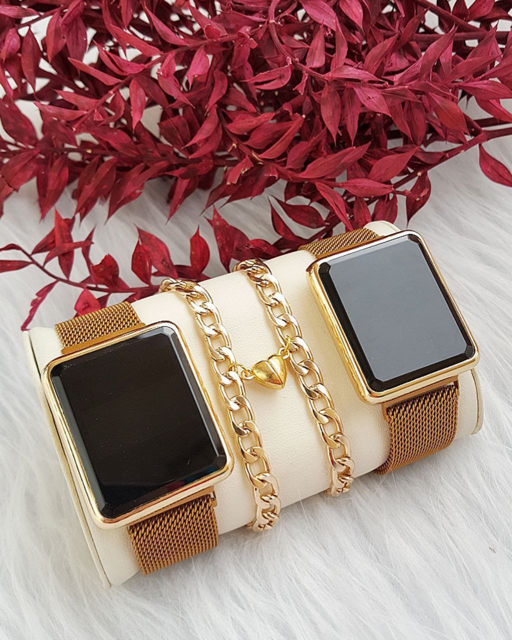 ست ساعت ال ای دی بند مگنتی با شیشه تراش‌دار زنانه کد ۵۶۸