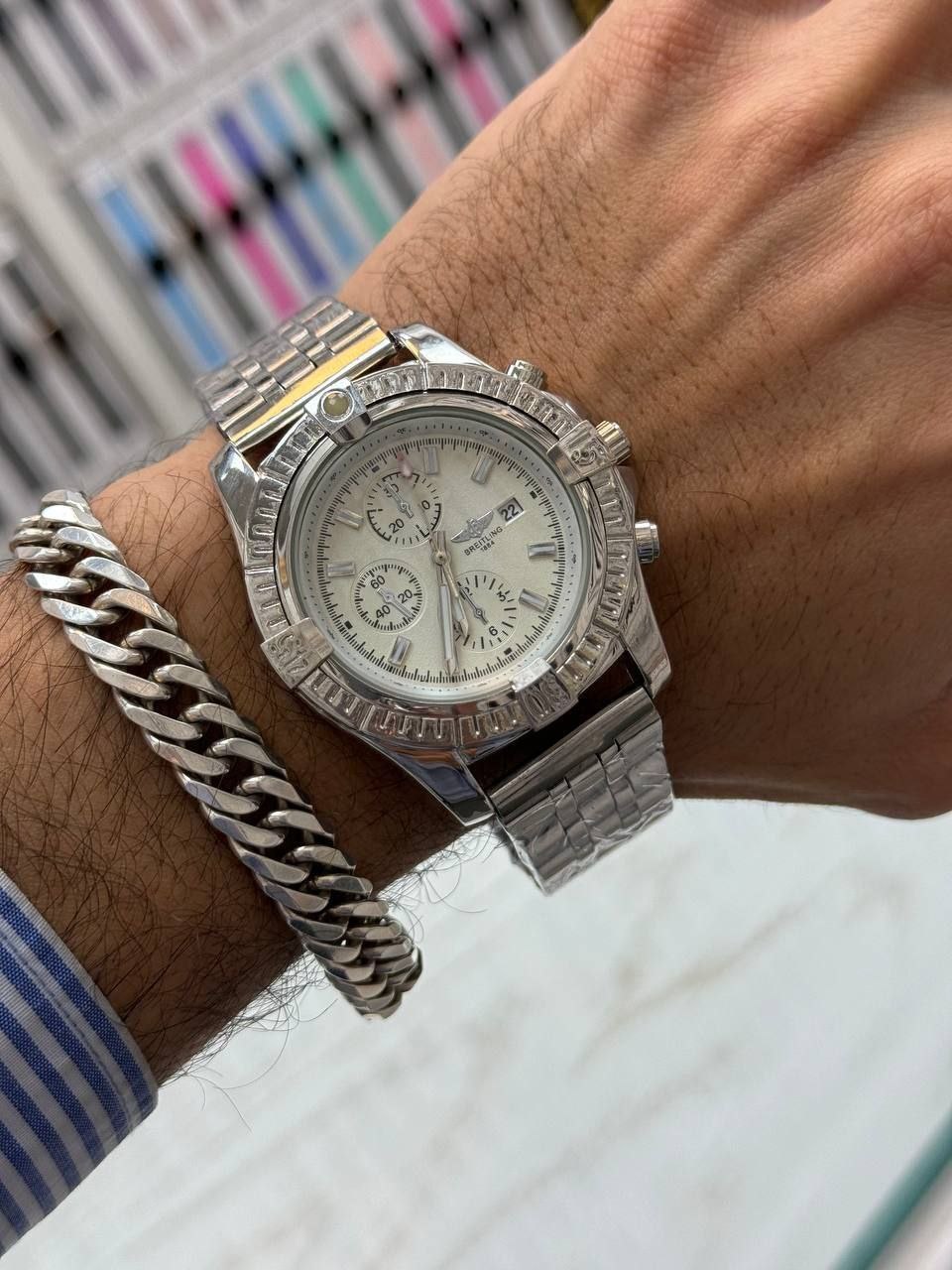 ساعت مردانه بنداستیل نقره ای صفحه سفید مارک بریتلینگ کد ۱۰۶۳