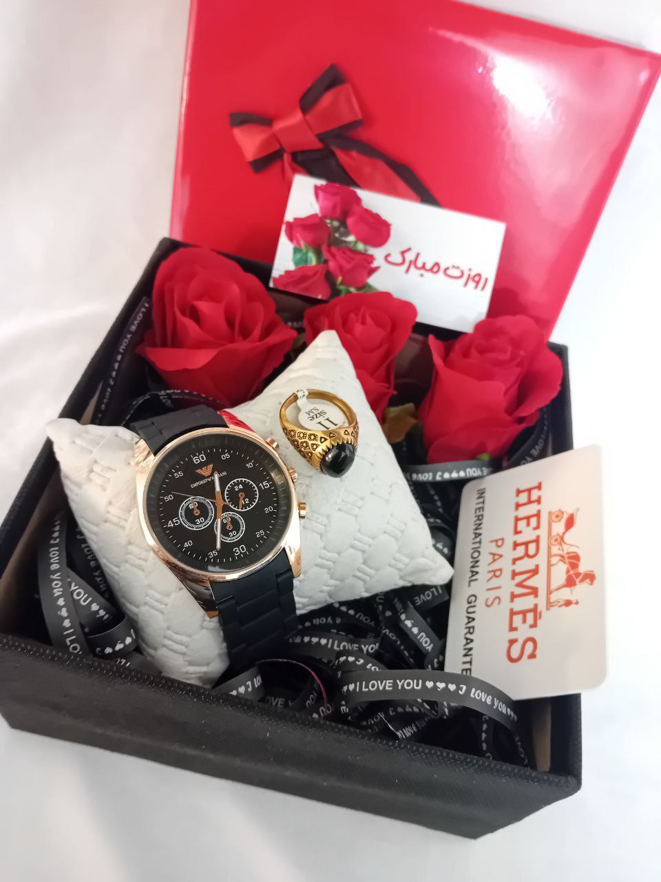 باکس هدیه ساعت مردانه امپریو آرمانی مشکی قاب رزگلد همراه با انگشتر کد ۵۵۰