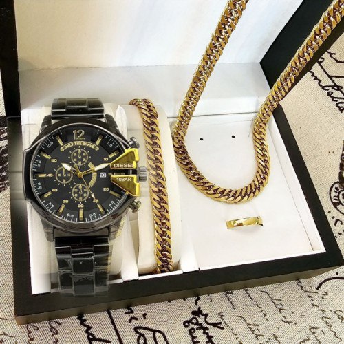مجموعه کامل ساعت دیزل مردانه + اکسسوری طلایی خاص کد ۵۶۷